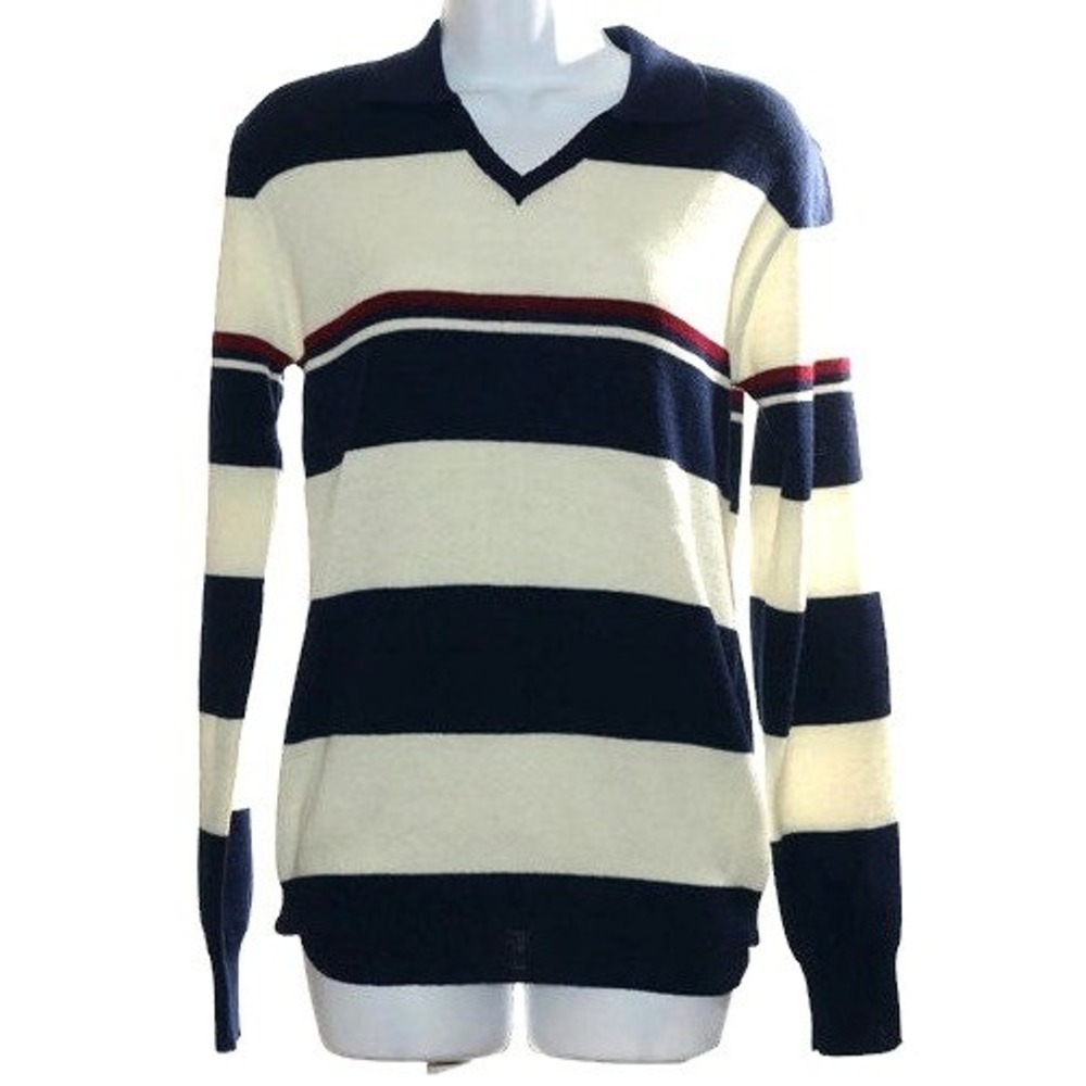 Gap Sweater Mens‎ Medium Navy Blue White Striped V-Neck Polo Collar Vintage NWT